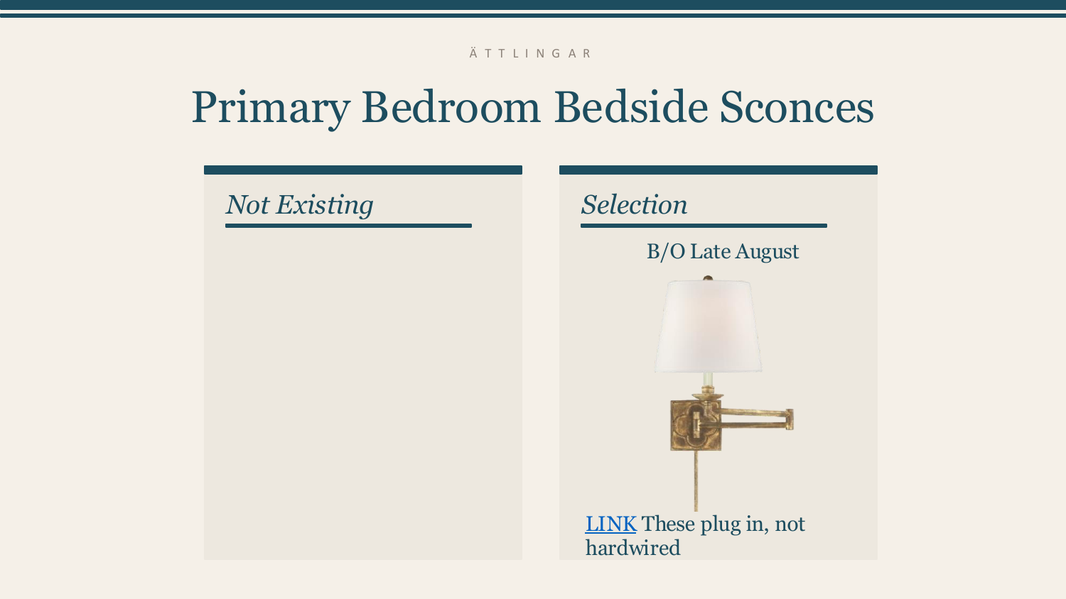 Primary Bedroom Bedside Sconces — Existing vs. Selection